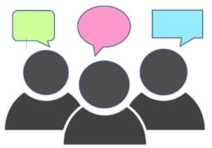 Three people each with speech bubbles  