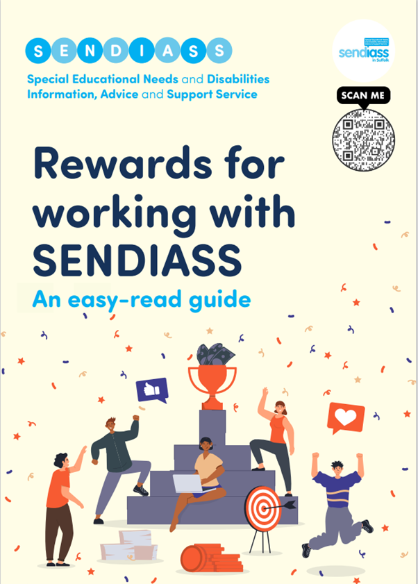 Image of leaflet. Title, Rewards for working with SENDIASS